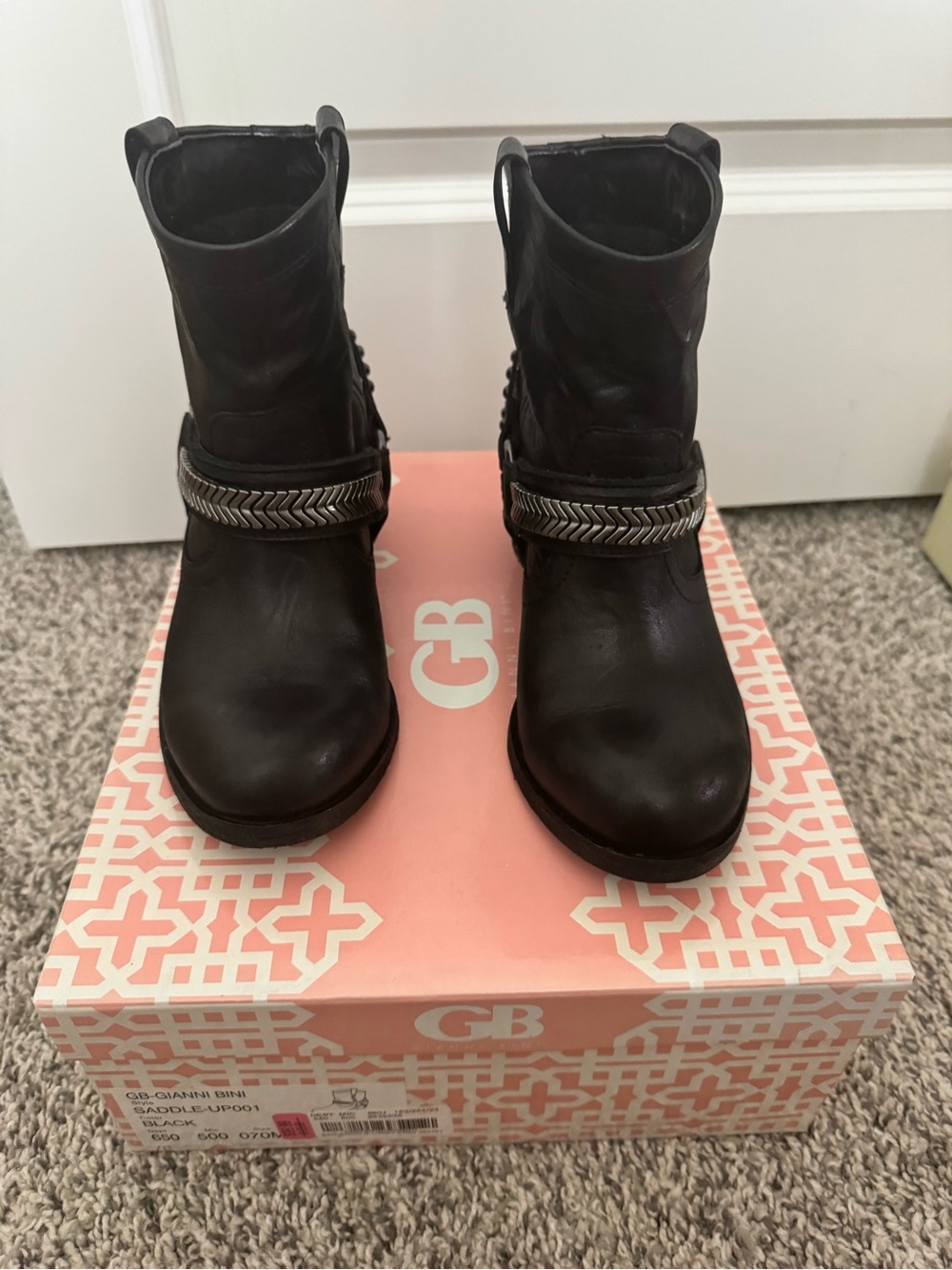 Gianni Bini Black Ankle Booties with Chevron Metal Strap